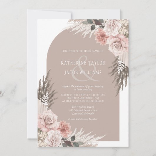 Boho Pampas Grass Earth Tones Floral Wedding Kaart (Voorkant)
