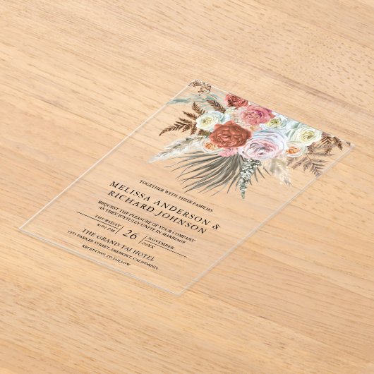 Boho Pampas Grass Earthy Floral Terracotta Wedding Acryl Uitnodigingen (Laagn)