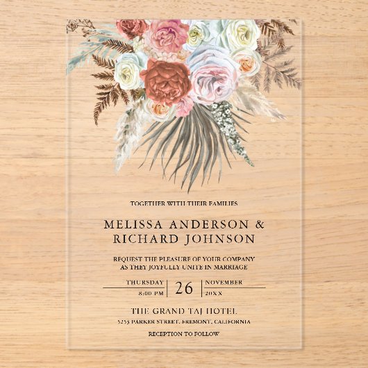 Boho Pampas Grass Earthy Floral Terracotta Wedding Acryl Uitnodigingen (Voorkant)