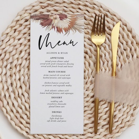 Boho Pampas Grass Earthy Wedding Menus Menu