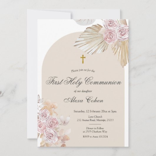 Boho Pampas Grass, eerste Heilige Communie Kaart (Voorkant)