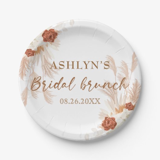 Boho Pampas Grass Elegant Bridal Brunch Terracotta Papieren Bordje (Voorkant)