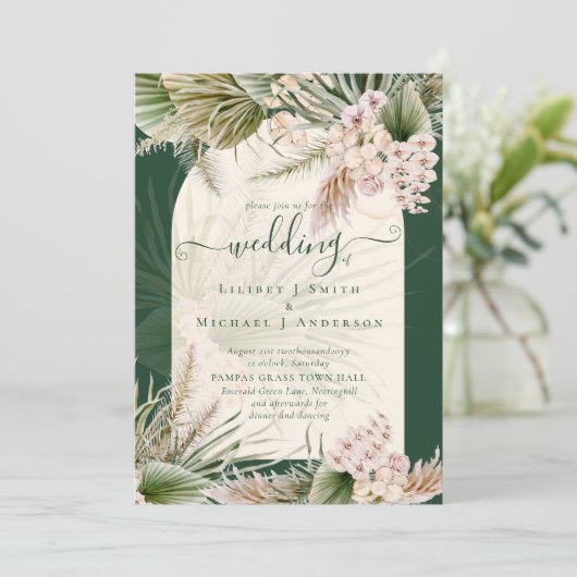 BOHO Pampas Grass Emerald Green Wedding Invitation Kaart (Staand voorkant)