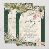 BOHO Pampas Grass Emerald Green Wedding Invitation Kaart (Voorkant / Achterkant)