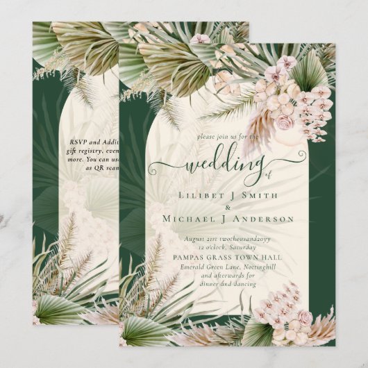 BOHO Pampas Grass Emerald Green Wedding Invitation Kaart (Voorkant / Achterkant)
