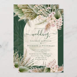 BOHO Pampas Grass Emerald Green Wedding Invitation Kaart