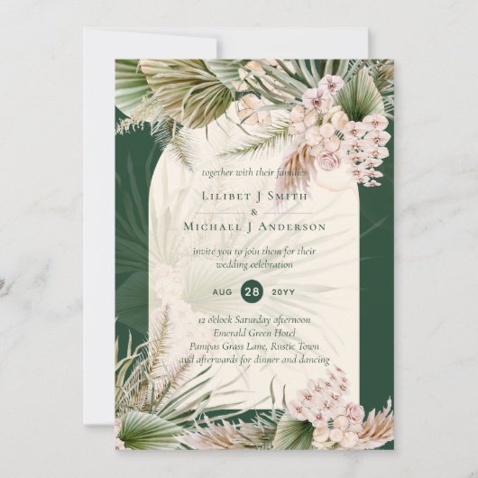 BOHO Pampas Grass Emerald Green Wedding Kaart (Voorkant)
