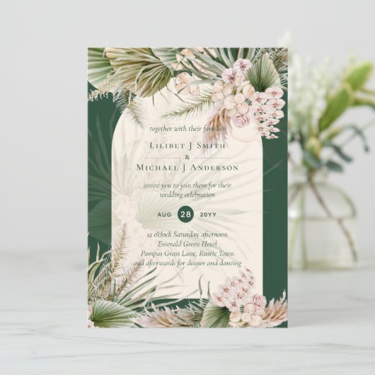 BOHO Pampas Grass Emerald Green Wedding Kaart (Staand voorkant)