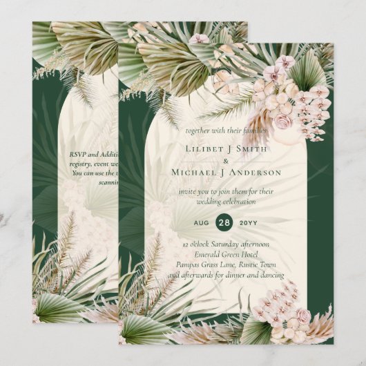 BOHO Pampas Grass Emerald Green Wedding Kaart (Voorkant / Achterkant)