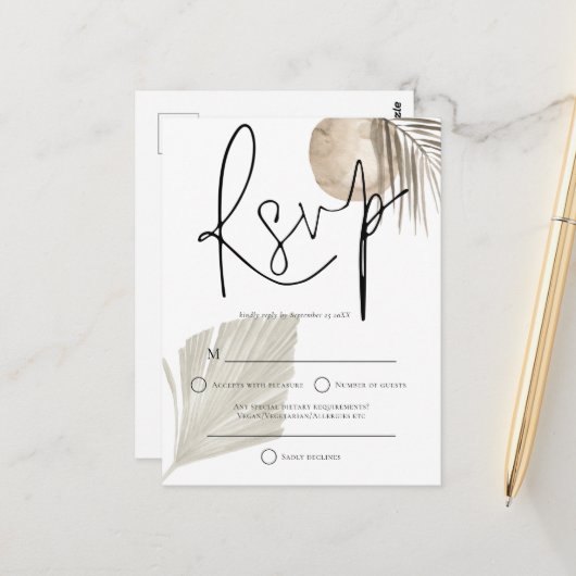 Boho Pampas Grass fan Wedding RSVP Briefkaart (Voorkant / Achterkant in situ)