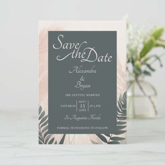 Boho Pampas Grass & Fern Bruiloft Save the Date Kaart (Staand voorkant)