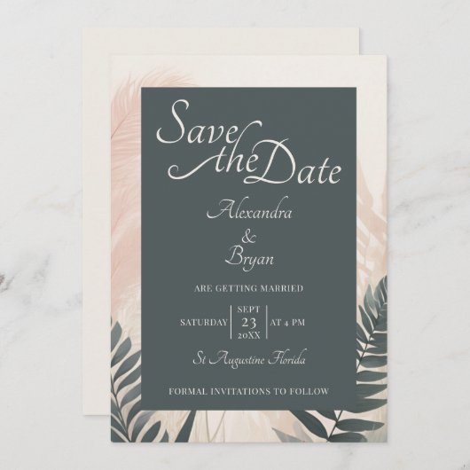 Boho Pampas Grass & Fern Bruiloft Save the Date Kaart (Voorkant / Achterkant)