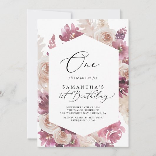 Boho Pampas Grass First Birthday Party Kaart (Voorkant)