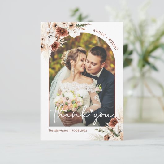 Boho Pampas Grass Floral Arch Wedding Foto Bedankkaart (Staand voorkant)