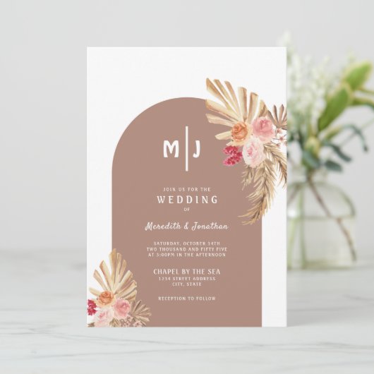 Boho Pampas Grass Floral Arch Wedding Uitnodiging (Staand voorkant)