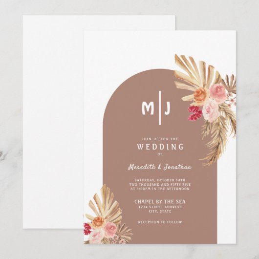 Boho Pampas Grass Floral Arch Wedding Uitnodiging (Voorkant / Achterkant)