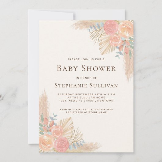 Boho Pampas Grass Floral Baby shower Kaart (Voorkant)