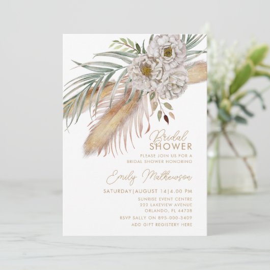 Boho Pampas Grass & Floral Bridal Shower Kaart (Staand voorkant)