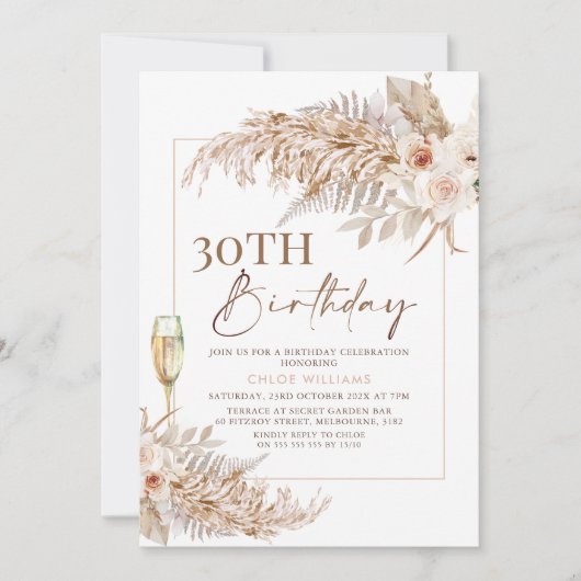 Boho Pampas Grass Floral Champagne Birthday Kaart (Voorkant)