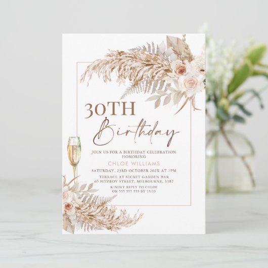 Boho Pampas Grass Floral Champagne Birthday Kaart (Staand voorkant)