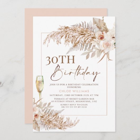 Boho Pampas Grass Floral Champagne Birthday Kaart (Voorkant / Achterkant)