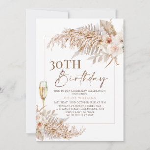 Boho Pampas Grass Floral Champagne Birthday Kaart