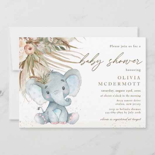 Boho Pampas Grass Floral Elephant Baby shower Boy Kaart (Voorkant)