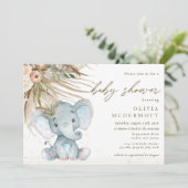 Boho Pampas Grass Floral Elephant Baby shower Boy Kaart (Staand voorkant)