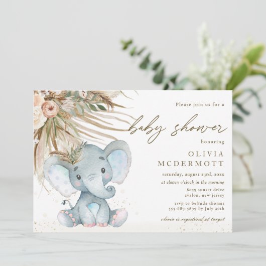 Boho Pampas Grass Floral Elephant Baby shower Boy Kaart (Staand voorkant)