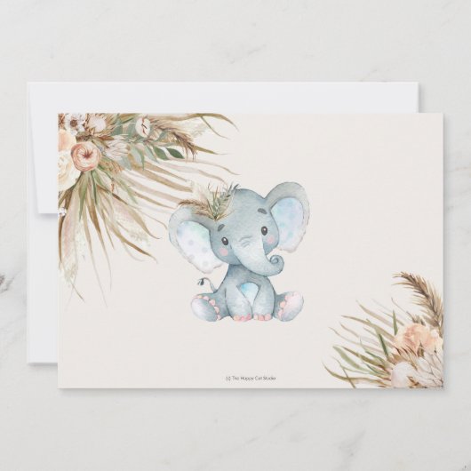 Boho Pampas Grass Floral Elephant Baby shower Boy Kaart (Achterkant)