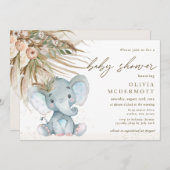Boho Pampas Grass Floral Elephant Baby shower Boy Kaart (Voorkant / Achterkant)