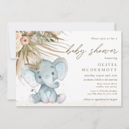 Boho Pampas Grass Floral Elephant Baby shower Boy Kaart