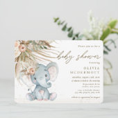 Boho Pampas Grass Floral Elephant Baby shower Kaart (Staand voorkant)