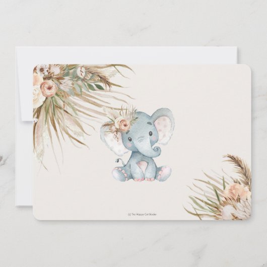 Boho Pampas Grass Floral Elephant Baby shower Kaart (Achterkant)