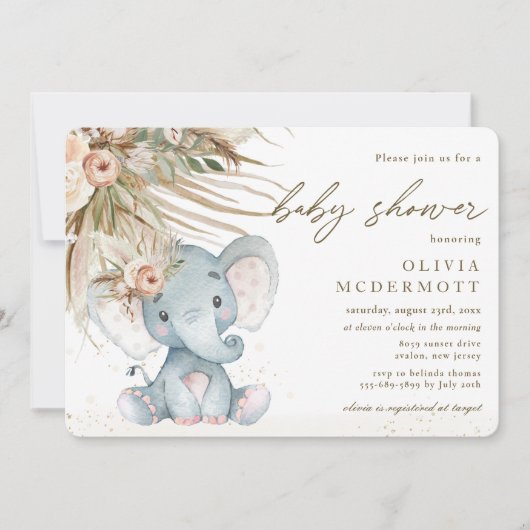 Boho Pampas Grass Floral Elephant Baby shower Kaart (Voorkant)