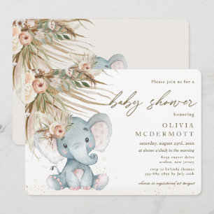 Boho Pampas Grass Floral Elephant Baby shower Kaart