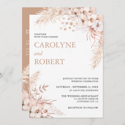 Boho Pampas grass Floral in één bruiloft Kaart (Voorkant / Achterkant)