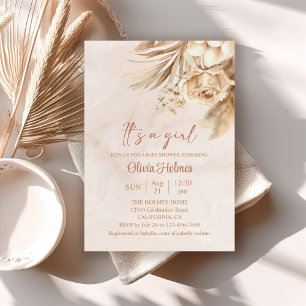 Boho Pampas Grass Floral It's a Girl Baby Shower Kaart