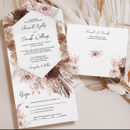 Boho Pampas Grass Floral met RSVP Weddenschap All In One Uitnodiging