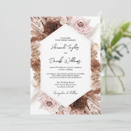 Boho Pampas Grass Floral QR Code RSVP Weddenschap Kaart (Staand voorkant)