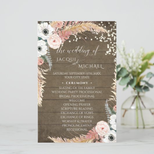 Boho Pampas Grass Floral Rustic Wedding Programme (Staand voorkant)