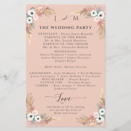 Boho Pampas Grass Floral Rustic Wedding Programme (Achterkant)