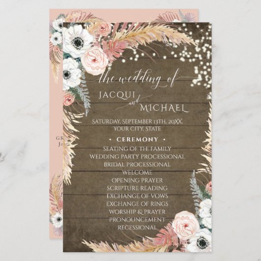 Boho Pampas Grass Floral Rustic Wedding Programme (Voorkant / Achterkant)