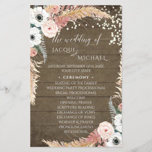 Boho Pampas Grass Floral Rustic Wedding Programme (Voorkant)