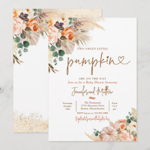 Boho Pampas Grass Floral Twin Pumpkin Baby shower Kaart