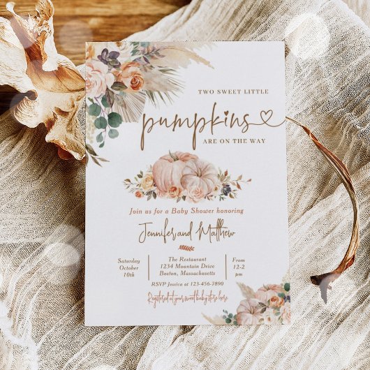 Boho Pampas Grass Floral Twin Pumpkin Baby shower Kaart