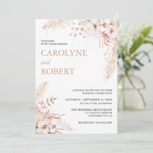 Boho Pampas Grass Floral Wedding Kaart (Staand voorkant)