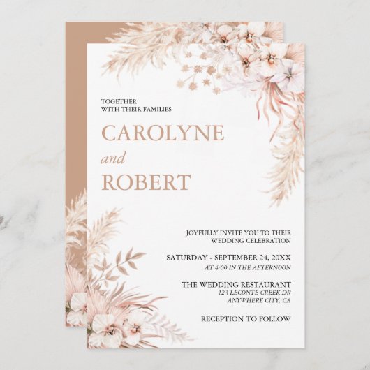 Boho Pampas Grass Floral Wedding Kaart (Voorkant / Achterkant)