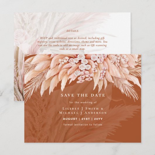 BOHO Pampas grass Floral Wedding Save the Date Pos Briefkaart (Voorkant / Achterkant)