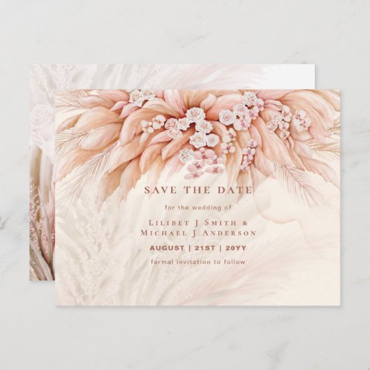 BOHO Pampas grass Floral Wedding Save the Date Pos Briefkaart (Voorkant / Achterkant)